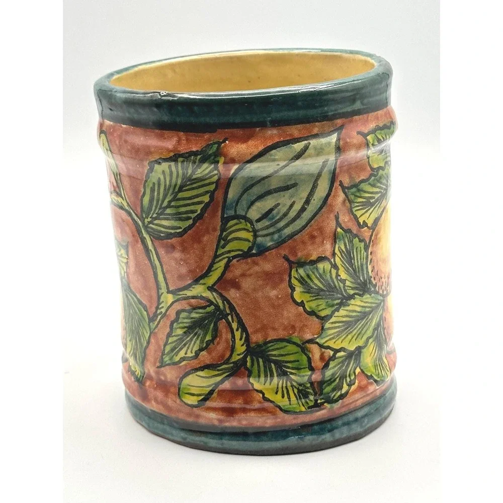 Mexican Ceramic Canister Hand Painted Fruit Leaf Pottery Jar 6in Vintage